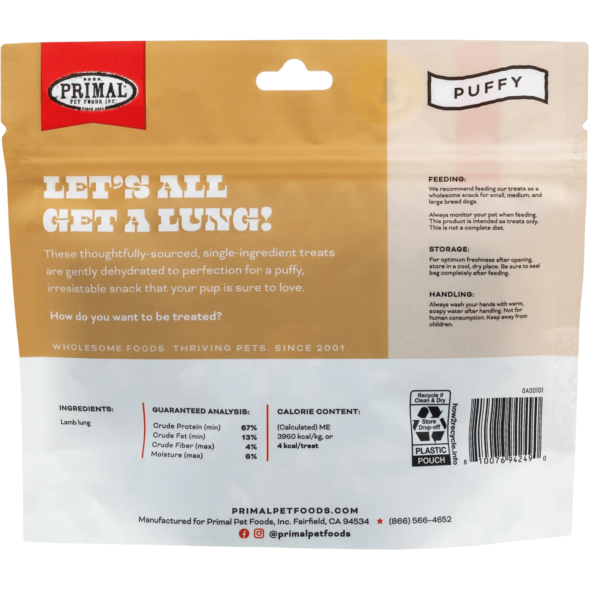 Primal Let's All Get A Lung! Lamb Lung Cubes 1.5 oz - Happy Pet